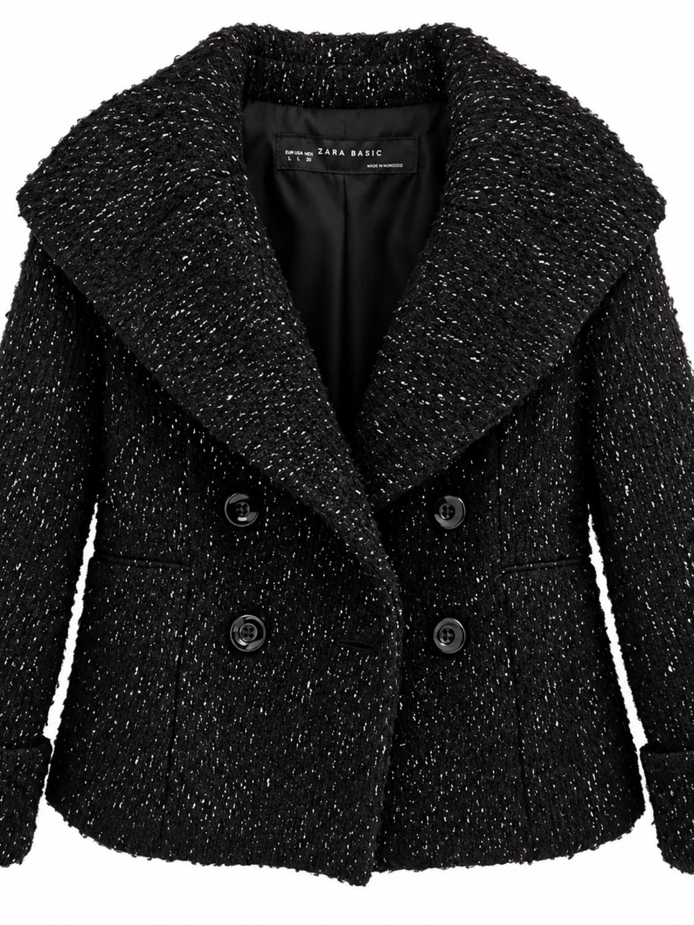 Zara Black Tweed Double-Breasted Shawl-Collar Peacoat